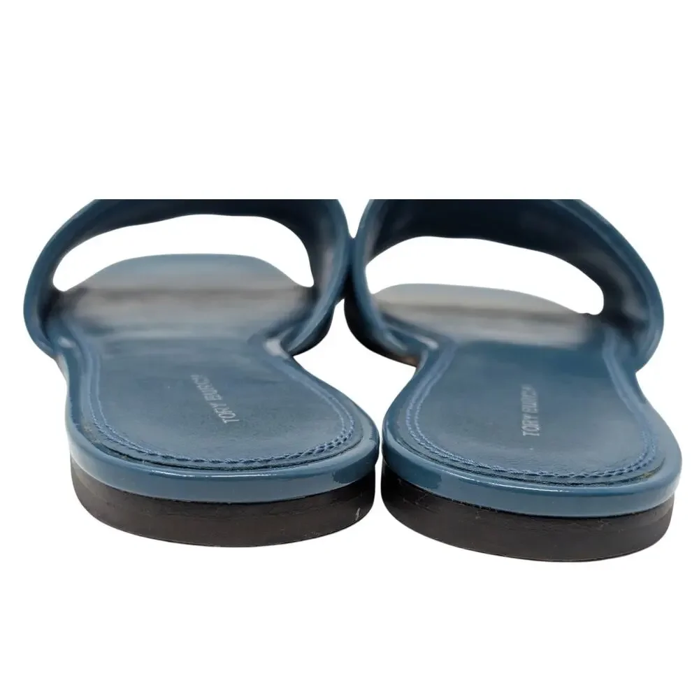 Tory Burch Eleanor Sandals Brisk Blue Leather Slides Logo‎ Size 8